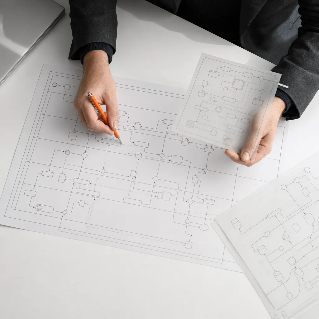 A business architect mapping workflows and dependencies before choosing technology