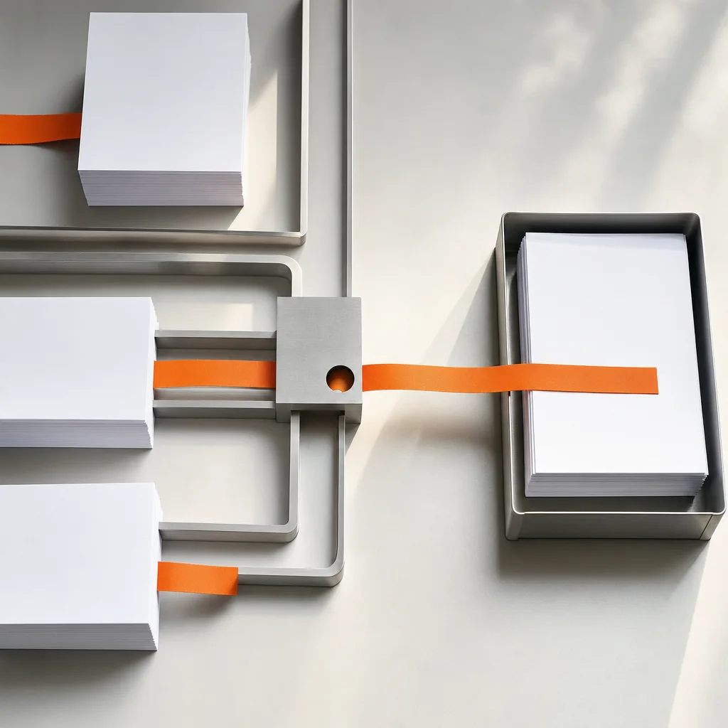 A physical routing study connecting separate document flows into an organised output