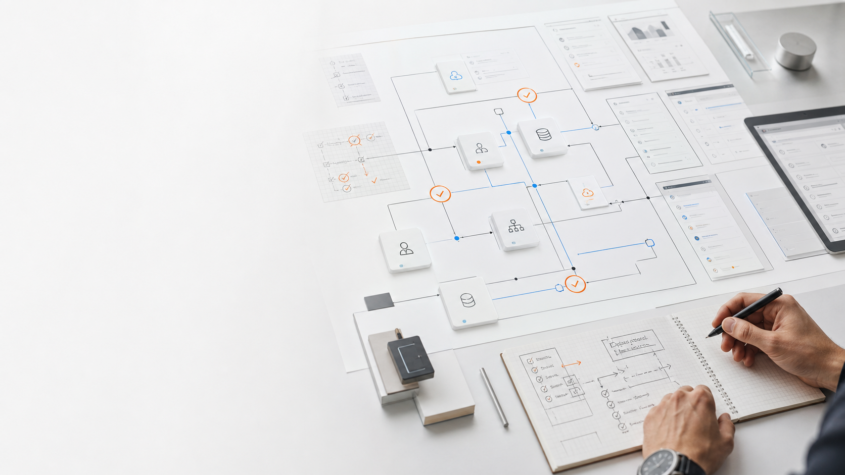 A business systems planning scene with connected workflow maps, app panels, and automation checkpoints being reviewed by hand.